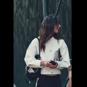 Zara Gold Button Soft Bomber Jacket Snap Button Rib Trim Ecru Cream Color Sz XL